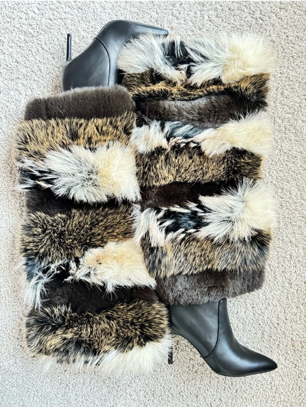 Azalea Wang Langlau Faux Fur Knee-High Stiletto Boot in Brwn,Blk ,Cream size 10